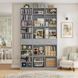 HOSTACK 75" Tall Book Shelf and Bookcase, 47" Wide Bookshelf with Drawers, Modern 9 Tier Bookcase with Storage, Large Wood Display Cabinet with Adjustable Shelves for Living Room, Home Office, Gray HOSTACK