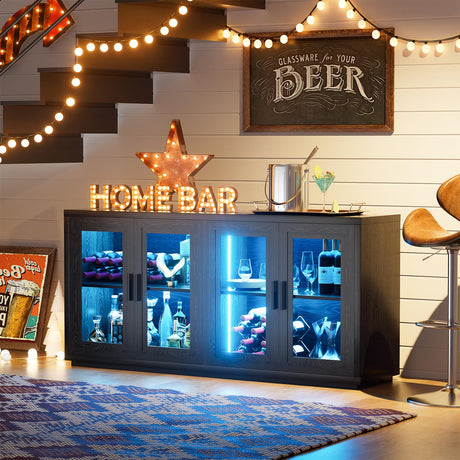 BROTTAR Wine Bar Cabinet with LED Light, 65" Sideboard Buffet Cabinet with Storage, Modern Home Coffee Bar Cabinet with Smart Human Sensor for Kitchen Dining Room Living Room, Black BROTTAR