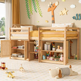 TOLEAD Low Loft Bed Twin Size with LED Lights, Twin Bed Frames for Kids, Kids Loft Bed with 14" H Safety Guardrail, Wood Twin Loft Bed with Storage Cabinet and Under-Bed Play Space (Natural) TOLEAD