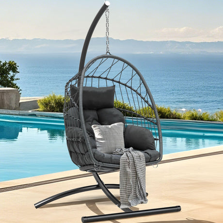 DWVO Egg Chair with Stand, Hanging Outdoor Rattan Wicker Patio Hammock Indoor Egg Chair with Cushion, Hanging Swing Chair 350lbs for Porch, Garden, Bedroom, Balcony, Gray DWVO