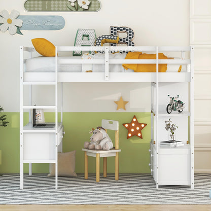 Twin Size Loft Bed with Storage Cabinet and Desk, Wooden Twin Loft Beds Frame with Bookcase and Shelves, Modern Twin Loft Bunk Bed for Kids Teens Adults Boys & Girls (Twin Size, White)