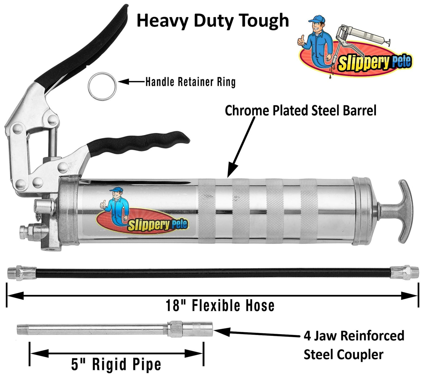 Slippery Pete Pistol Grip Grease Gun - Long Lasting Heavy Duty Steel Construction - Lubricate Tractors, RV's and Cars - Uses 14 Ounce Grease Cartridges - WoodArtSupply