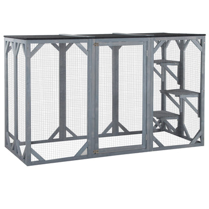 PawHut Outdoor Cat House, Catio Wooden Feral Cat Shelter, Cat Cage with Platforms, Large Enter Door, Weather Protection Asphalt Roof, 71" L, Gray - WoodArtSupply