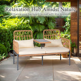 PROHIKER Patio Furniture Outdoor Rattan Loveseat 2-Seat with Built-in Table, Lumbar Pillows and Cushions, All-Weather Wicker Loveseat Porch Chairs for Balcony, Lawn, Backyard PROHIKER