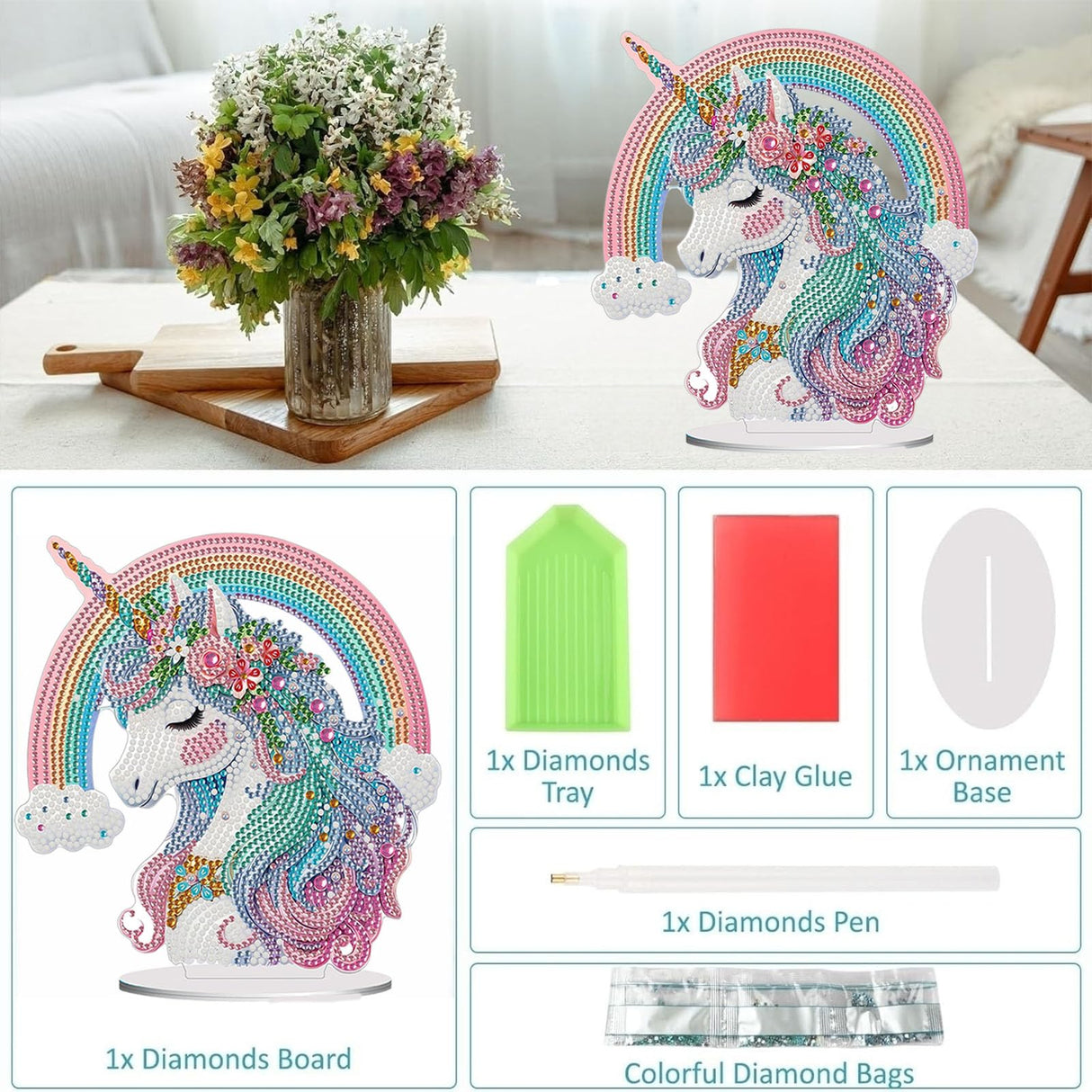 Diamond Painting Kits for Adults Beginners, 5D Full Drill Rainbow Pony Crystal Art Desktop Ornament, DIY Single Sided Home Office Desk Decor, Creative Craft Gift Set with Tools OFRKE