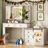 LVSOMT Vanity Desk with Mirror and Lights, Large Farmhouse Makeup Desk with 5 Drawers and Jewelry Storage, 60" Glass Top Dressing Table with Power Outlet & Adjustable Cabinet for Bedroom, White/Brown LVSOMT