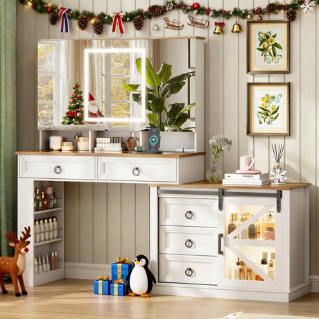 LVSOMT Vanity Desk with Mirror and Lights, Large Farmhouse Makeup Desk with 5 Drawers and Jewelry Storage, 60" Glass Top Dressing Table with Power Outlet & Adjustable Cabinet for Bedroom, White/Brown LVSOMT