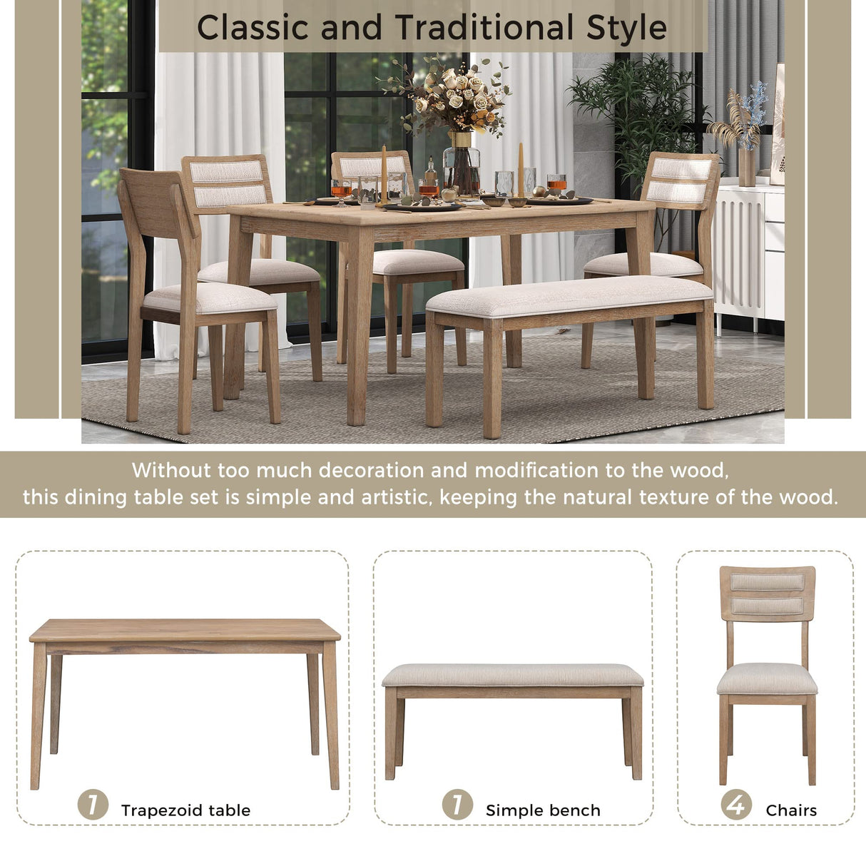 Harper & Bright Designs Kitchen Dining Table Set for 6, Classic and Traditional Style 6 - Piece Dining Set, Includes Dining Table, 4 Upholstered Chairs & Bench (Natural Wood Wash) Harper & Bright Designs