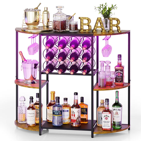 JKsmart Wine Bar Cabinet with LED Lights, Mini Wine Rack with Storage and Glass Holder, Home Mini Bar Cabinet for Liquor, 3-Tier Coffee Bar Storage for Kitchen, Dining Room, Living Room, Rustic Brown JKsmart