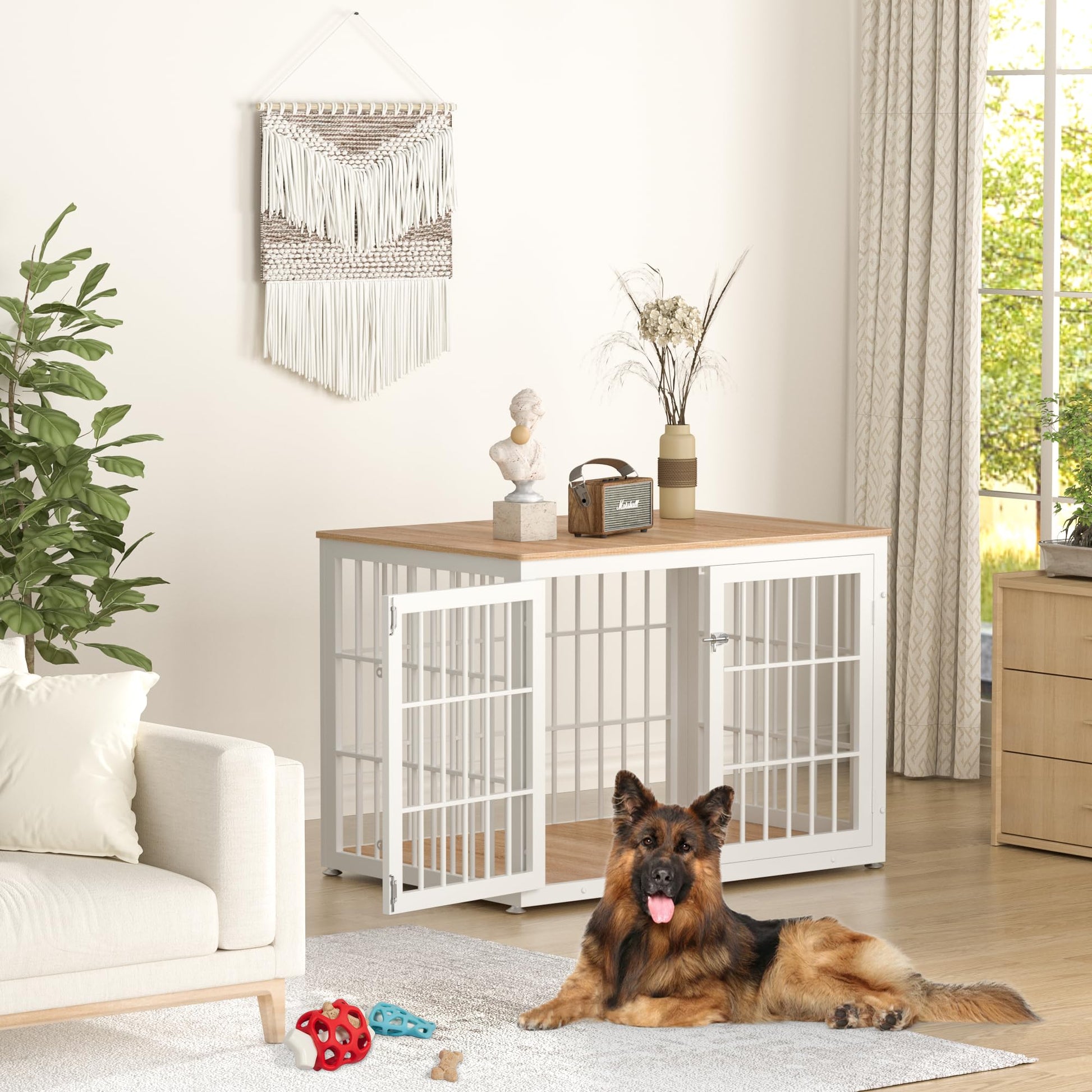 rehomerance Heavy Duty Dog Crate Furniture for Large and Medium Dogs, Decorative Pet House End Table, Wooden Cage Kennel Indoor, White and Natural - WoodArtSupply