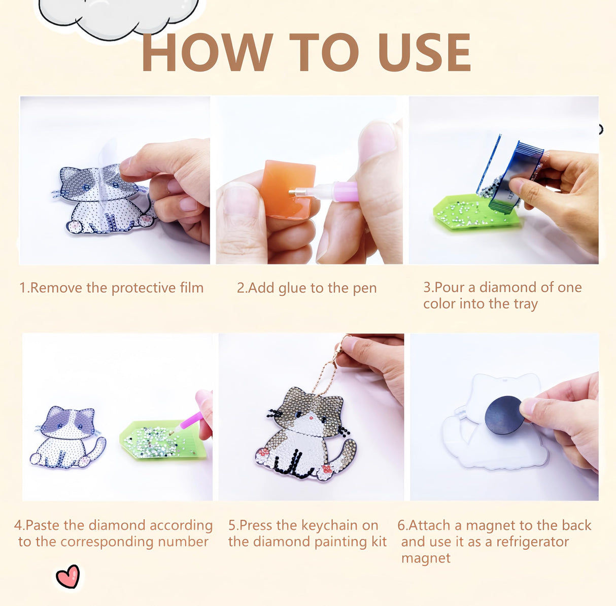 Bulerrylulu 9 Pcs Diamond Painting Magnets Kits Cute Cat Fridge Magnet Stickers Diamond Art Painting Keychains Gem Painting kit for Beginners Adults DIY Art Craft Gifts Home Decors (cat) Bulerrylulu