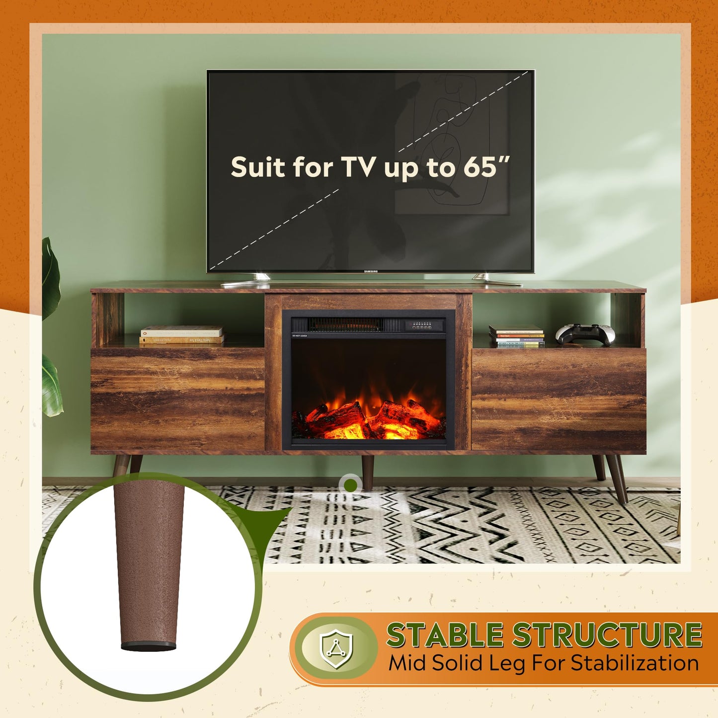 WLIVE TV Stand for 65 Inch TV, 58 Inch Entertainment Center with 18 Inch Electric Fireplace, Media Console with 2 Storage Cabinets for Living Room, Bedroom and Office, Rustic Brown