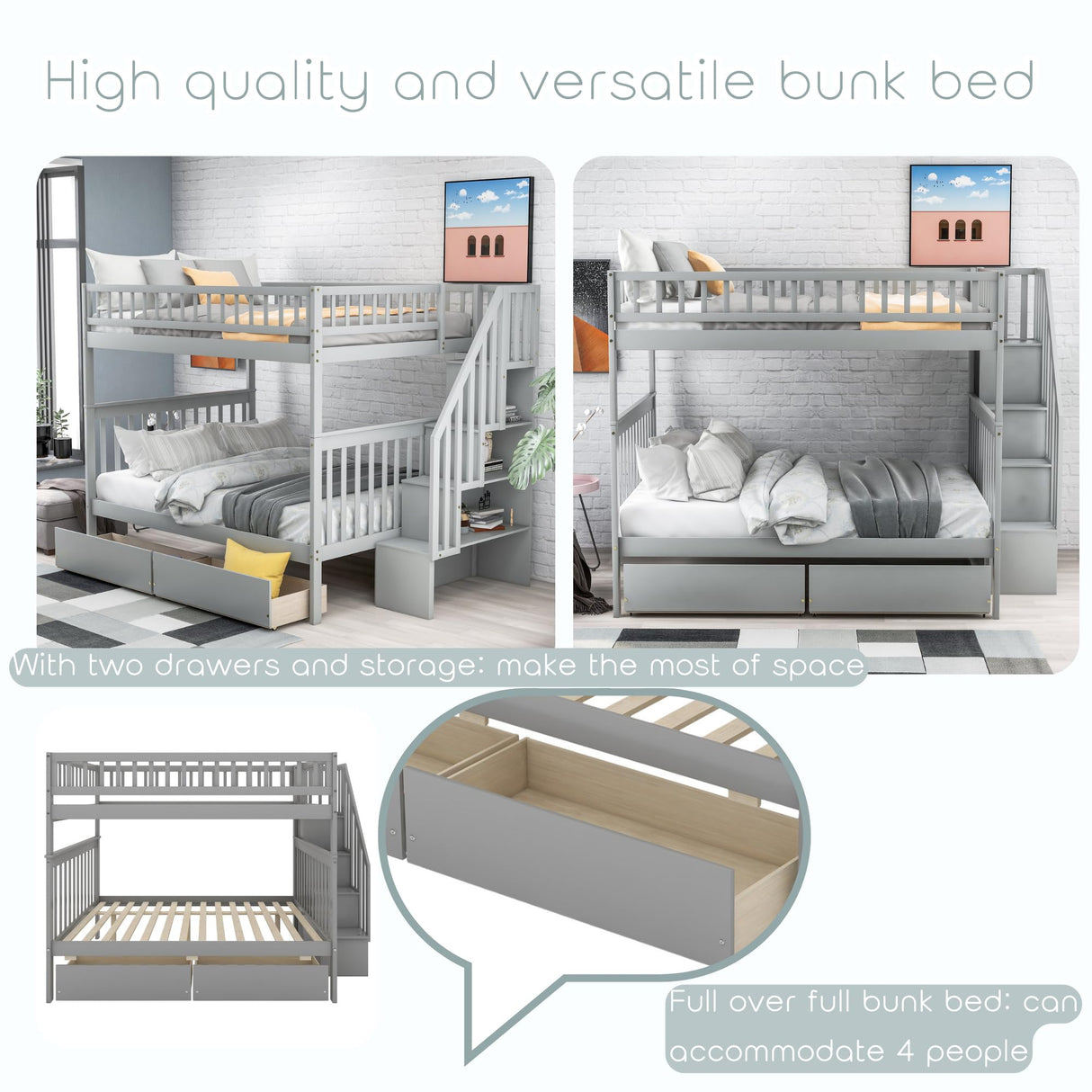Full Over Full Bunk Beds with Drawers and Stairs Stairway Bunk Bed Frame with Storage Shelves for Kids Teens Adult, Wood Full Bunk Bed for Boys Girls Adults, Gray Bellemave