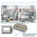 Full Over Full Bunk Beds with Drawers and Stairs Stairway Bunk Bed Frame with Storage Shelves for Kids Teens Adult, Wood Full Bunk Bed for Boys Girls Adults, Gray Bellemave