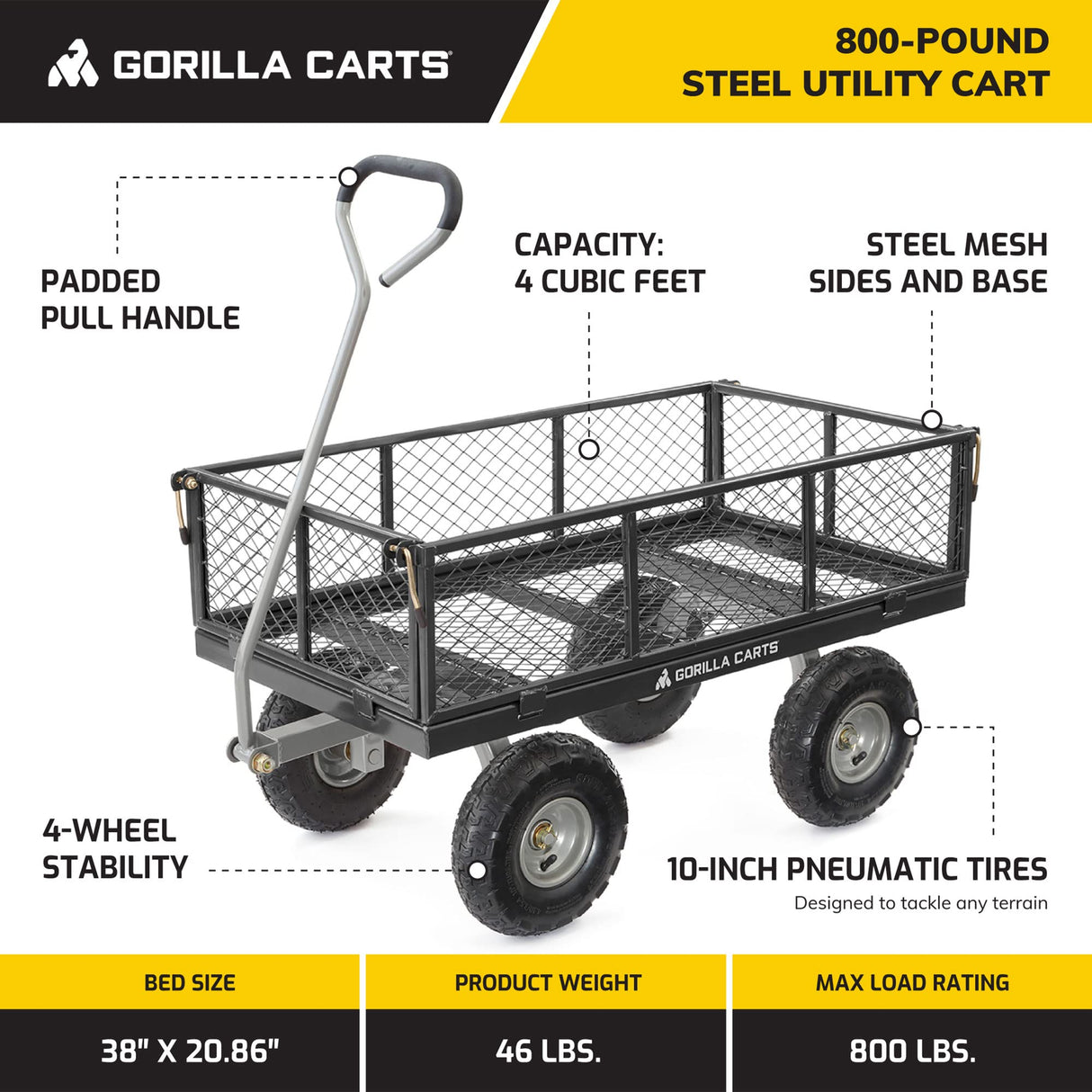 Gorilla Carts Steel Utility Cart, Garden Wagon w/Handle & Removable Sides, Up to 800lb Gorilla Carts
