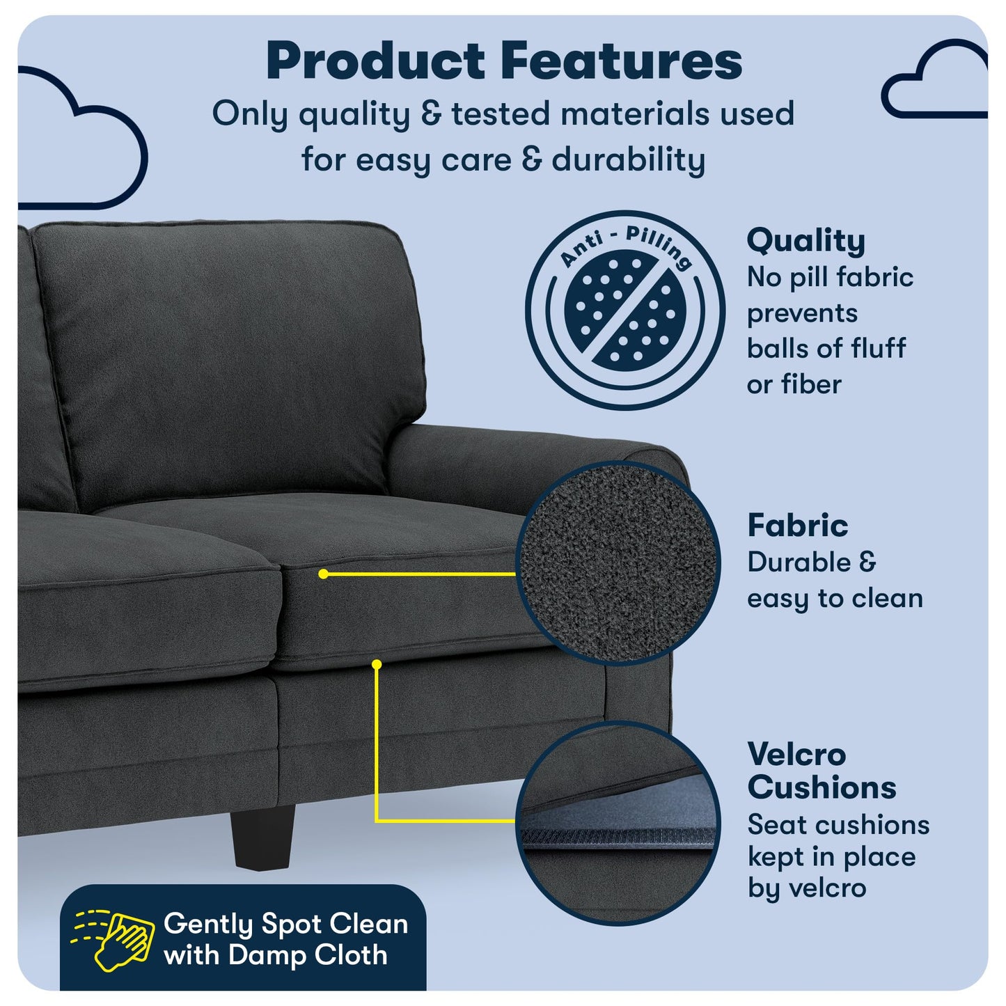 Serta Copenhagen Rolled Arm Sofa, Easy Care Polyester, Soft Pillow Back, Pocket Coil Seat Cushions, Removable Covers, Couch for Small Spaces, Living Rooms or Bedrooms, 61" Loveseat, Charcoal