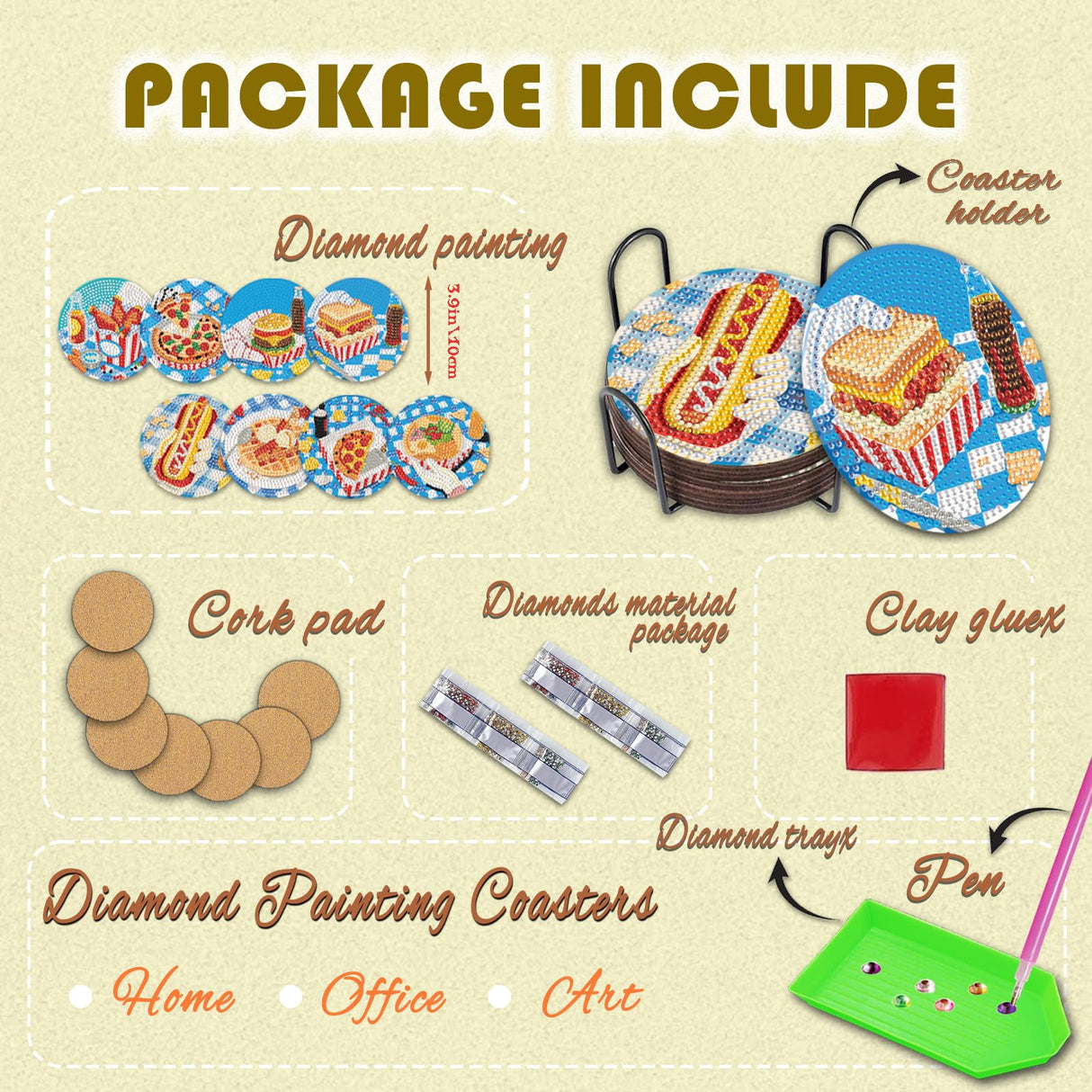 DOTZSO 8 Pcs Delicious Food Diamond Art Coaster Kits with Holder,Diamond Painting Coasters for Adults Beginners,Party Home Decor Abstract,Fun Gifts for Women DOTZSO