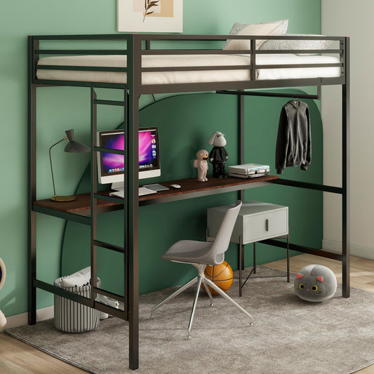 Twin Size Loft Bed with Desk and Closet Rod for Kids,Heavy Duty Loft Bed Frame with Safety Guardrail, Loft Metal Bunk Bed Twin Size, Space-Saving, Noise Free,Black