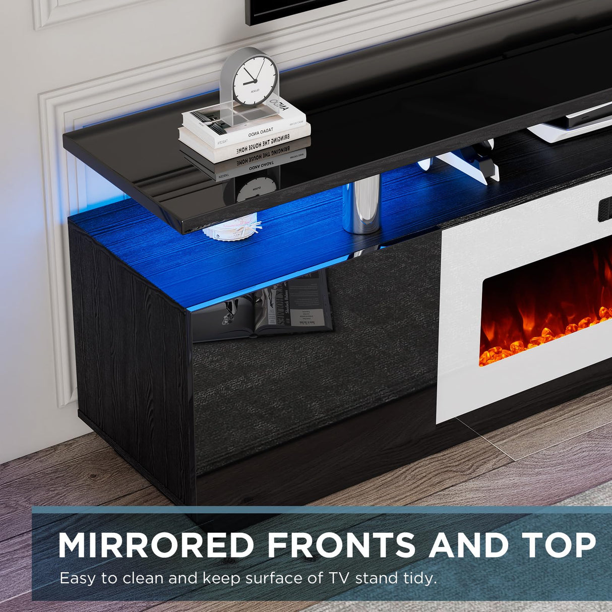 LUXOAK 80" Fireplace TV Stand, Modern High Gloss Finish Media Console with 40" Electric Fireplace, Open Storage Entertainment Center for TVs Up to 90" with LED Lights, Black/White LUXOAK