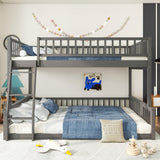 Full XL Over Queen Bunk Bed for Kids/Adults,Queen Size Floor Bunk Beds with Inclined Ladder,Solid Wood Low Bunk Bed,Detachable Bunk Beds for Teens,Girls,Boys(Gray) Bellemave