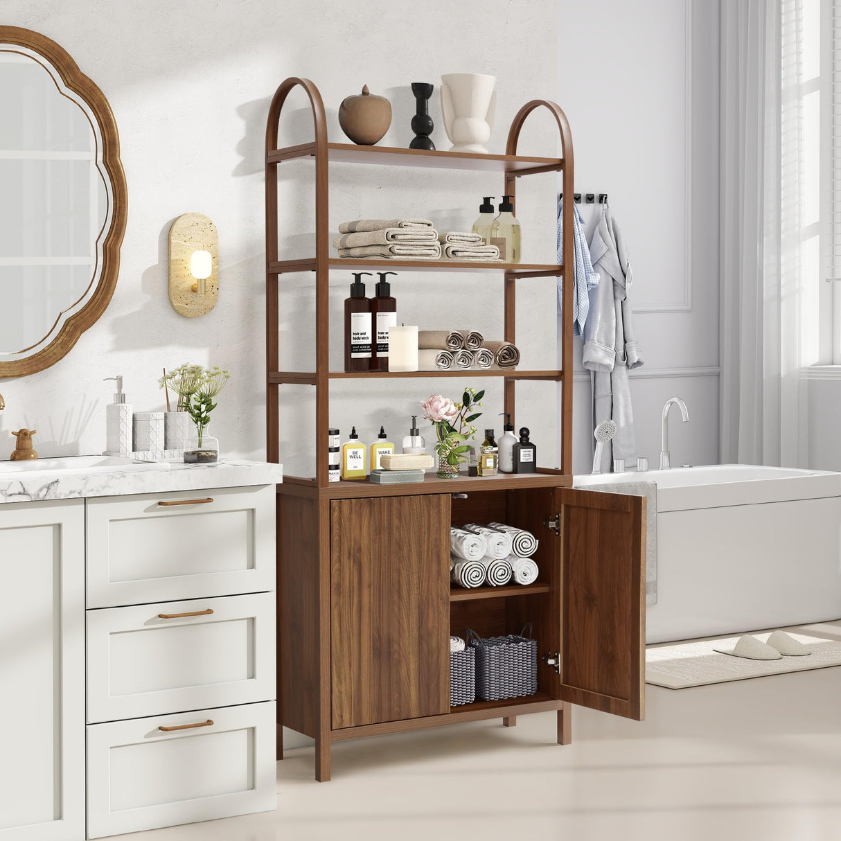 71” Tall Arched Bookshelf Storage with Fluted Doors, Mid Century Modern 6 Tier Bookshelves, Freestanding Bookcase Cabinet with Open Display Storage Shelf for Living Room Home Office Bedroom, Walnut XUZENEST