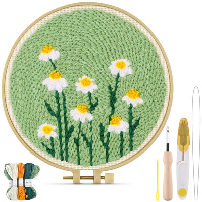 TINDTOP Punch Needle Kit, Daisy Punch Embroidery Kits for Adults Beginner, Tool with Punch Needle Fabric, Hoops, Yarns and Sewing Needles
