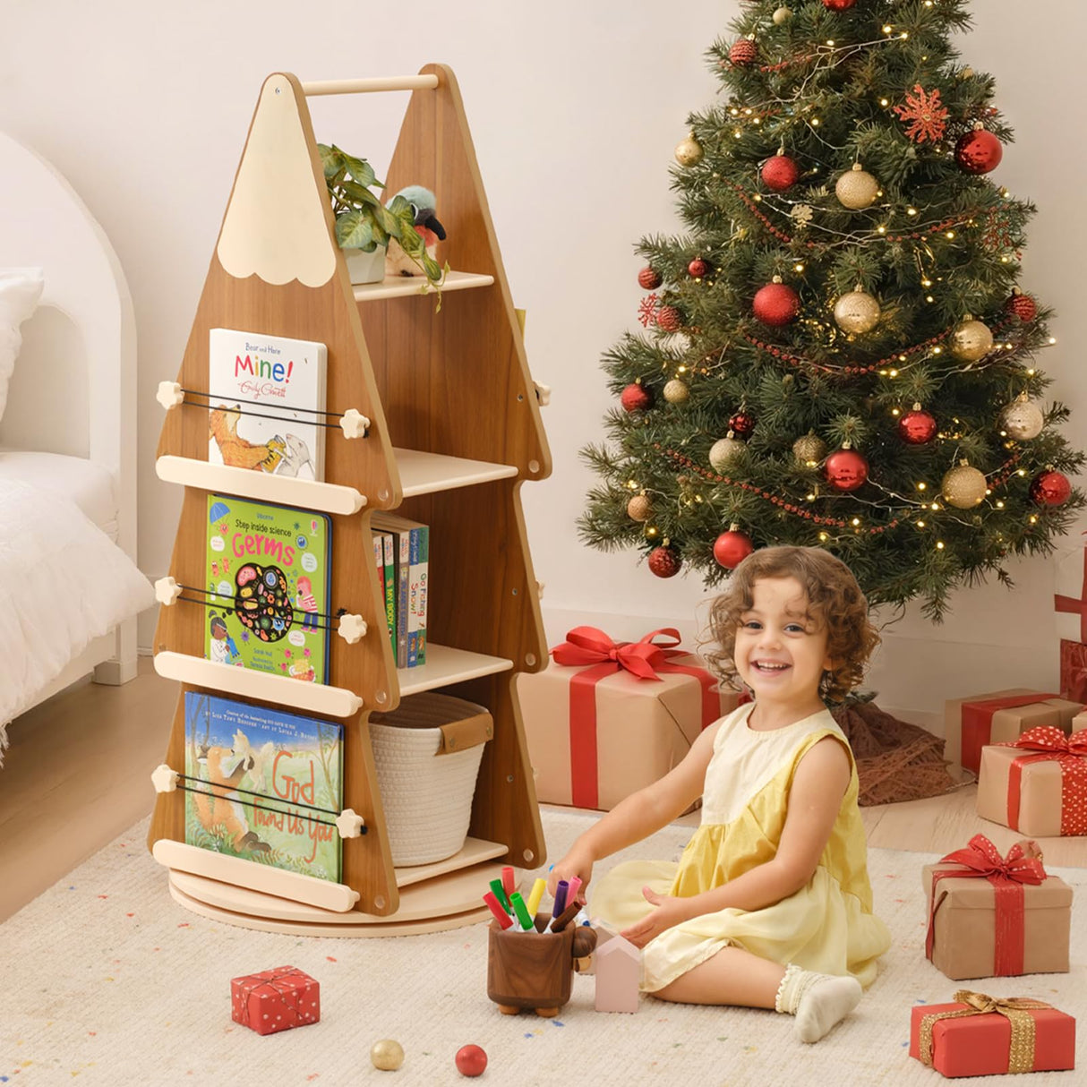 OOOK Solid Wood Rotating Bookshelf Tower 4 Tier, 360°Display Floor Standing Spinning Bookshelf Tower, Small Corner Bookcase for Small Spaces, Kids Tree Book Shelf for Kids Rooms, Classroom, Nursery OOOK