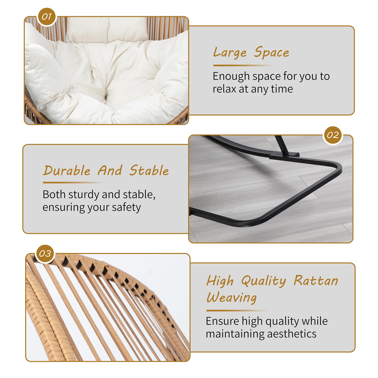 Shintenchi Wicker Egg Chair,Oversized Outdoor Indoor Rocking Chair,Large PE Rattan Rocking Chair with Cushion for Patio, Balcony, Backyard, Garden, Beige Shintenchi