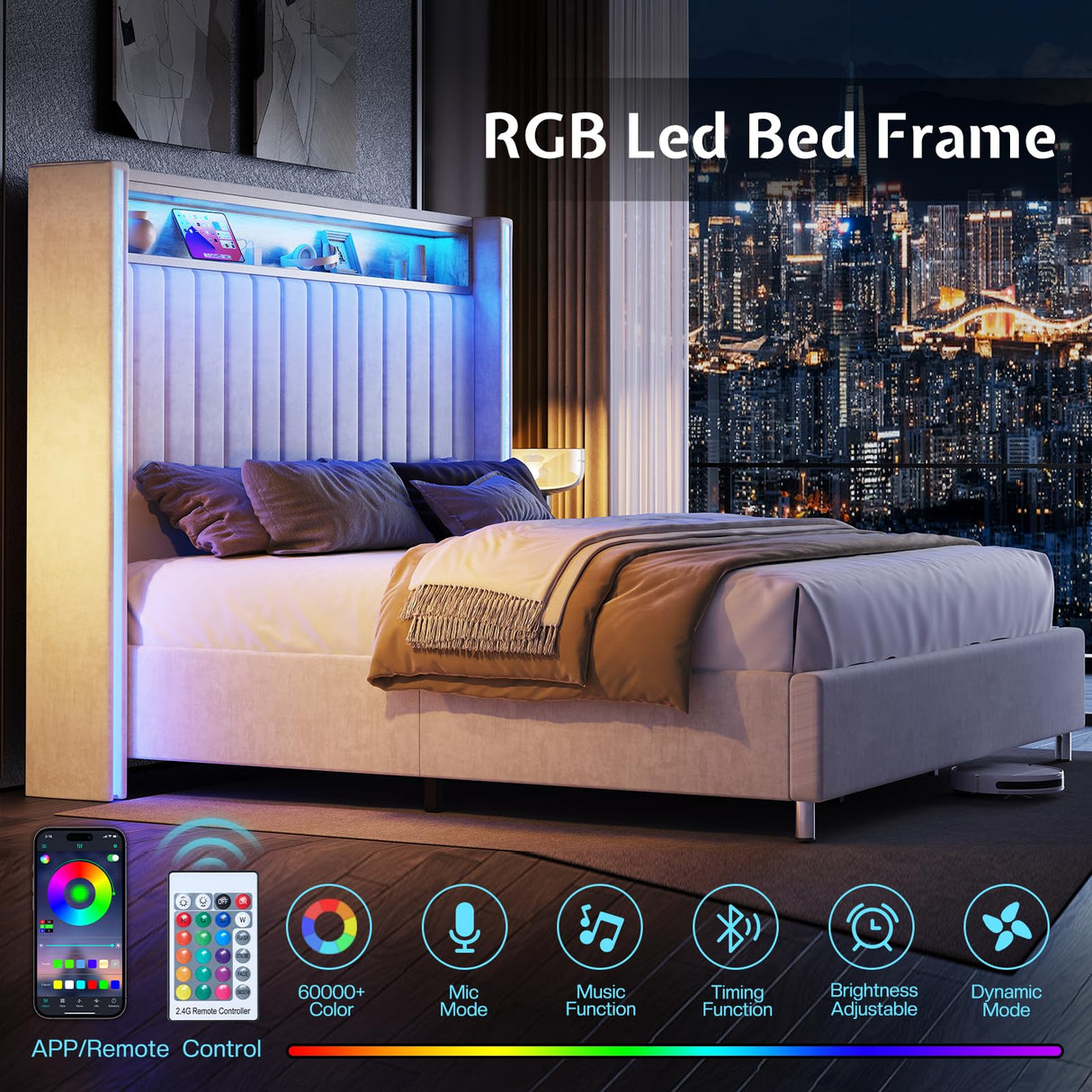 Jocisland King Platform Bed Frame with LED Lights, USB Charging Ports, Tall Velvet Headboard with Wingback Storage, No Box Spring Needed, Easy Assembly, Cream Jocisland