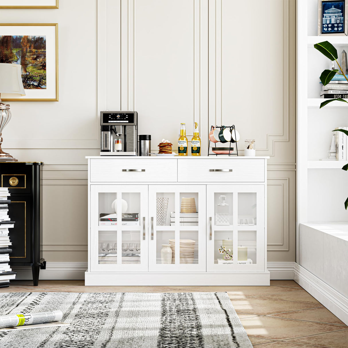 FOTOSOK Sideboard Buffet Cabinet with Glass Doors, Buffet Sideboard Kitchen Sideboard Cabinet Buffet Table with 2 Storage Drawers & Shelves for Dining Living Room, White FOTOSOK