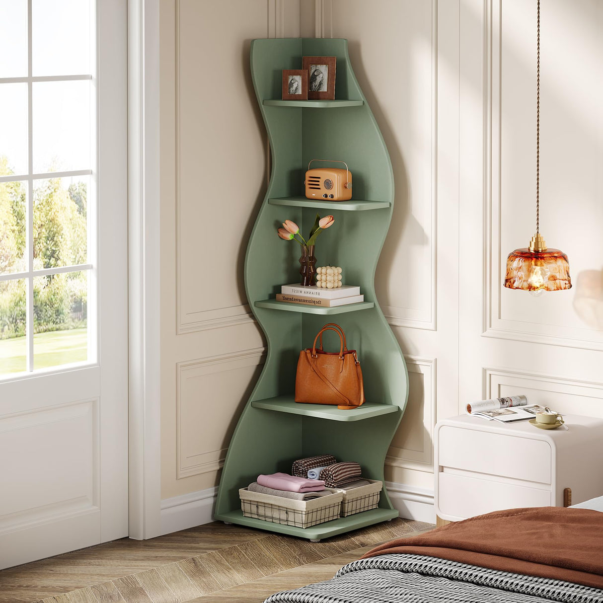 Tribesigns Wavy Corner Shelf, Modern 5-Tier Bookshelf Bookcase with Curvy Shape, Unique Plant Stand Display Rack for Living Room Small Space (Green) Tribesigns