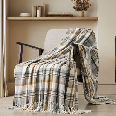 EVERGRACE Plaid Chenille Throw Blanket for Couch, Super Soft Cozy Decorative Farmhouse Plaid Throw with Tassels, Lightweight Chenille Knit Throw for Bed Sofa Gift Home Decor, Grey & Beige 50"x60"