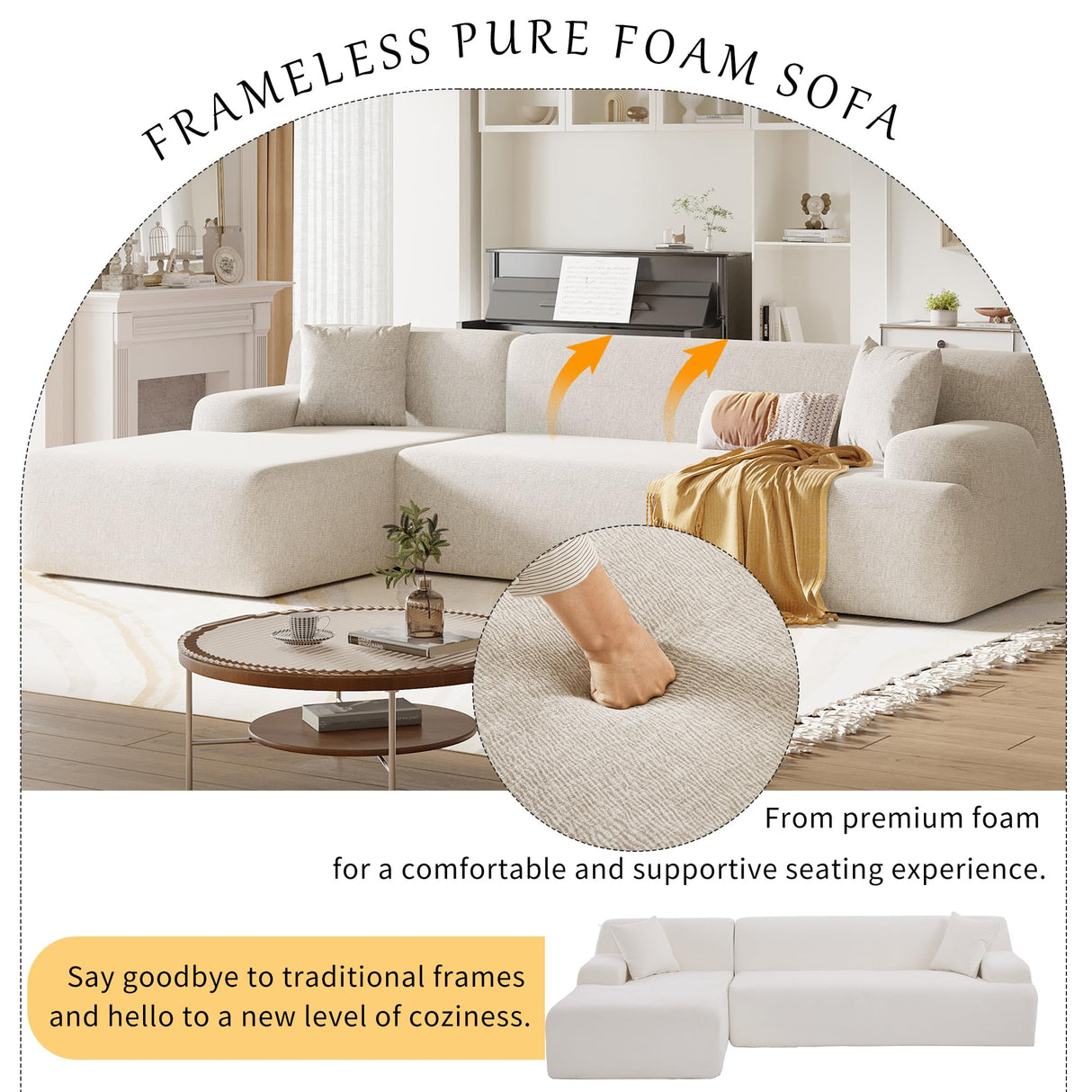 VnndeNest 107'' Modular Sectional Couch, Comfy Chenille Fabric Sectional Sofa with Chaise Lounge, Modern Upholstered L-Shape Sofa Corner Couch for Living Room, Apartment, Bedroom, Assembly-Free，Beige VnndeNest