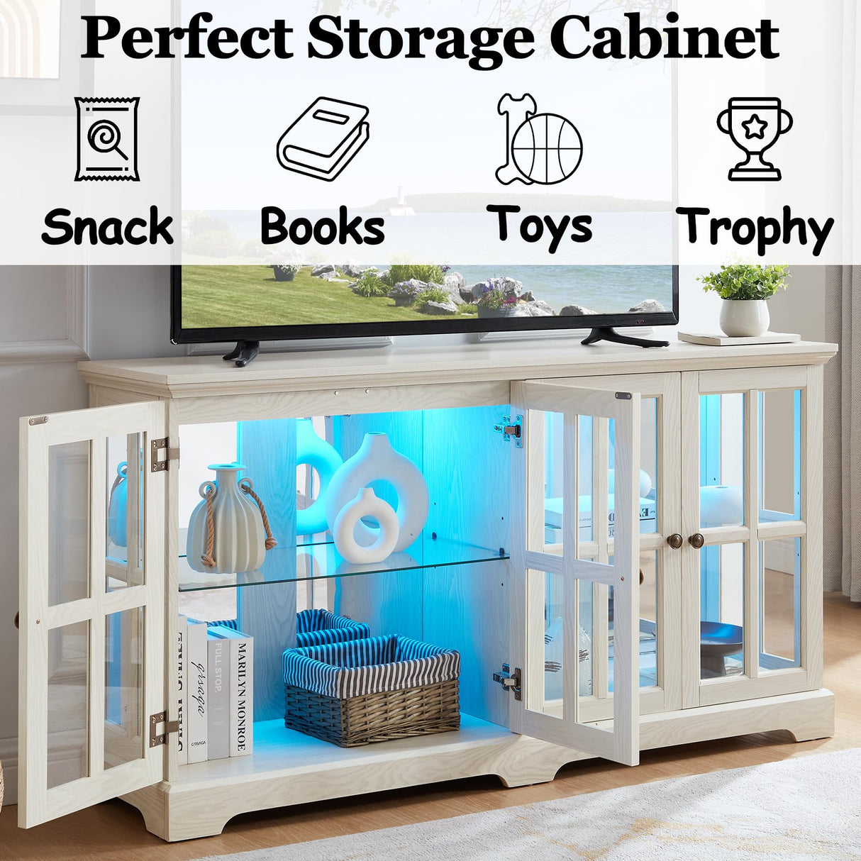 HRVEOCEI Lighted Curio Cabinets with Glass Doors,Wide Curio Display Cabinet with Lights, Farmhouse Glass Display Cabinet with Adjustable Shelves,Grid Design (Wide, White) HRVEOCEI