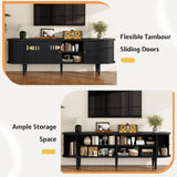 LUXOAK 70" Mid-Century Modern TV Stand with Tambour Door, TV Console with Solid Wood Legs for TVs up to 80", Fluted Entertainment Center with Storage for Living Room, Black LUXOAK