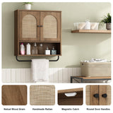 RUSTOWN Rattan Bathroom Wall Cabinet, Boho Medicine Cabinet with 2 Arched Doors, Farmhouse Over The Toilet Storage Cabinets with Adjustable Shelves & Towel Bar, 3-Tier Wall Mounted Cabinets RUSTOWN