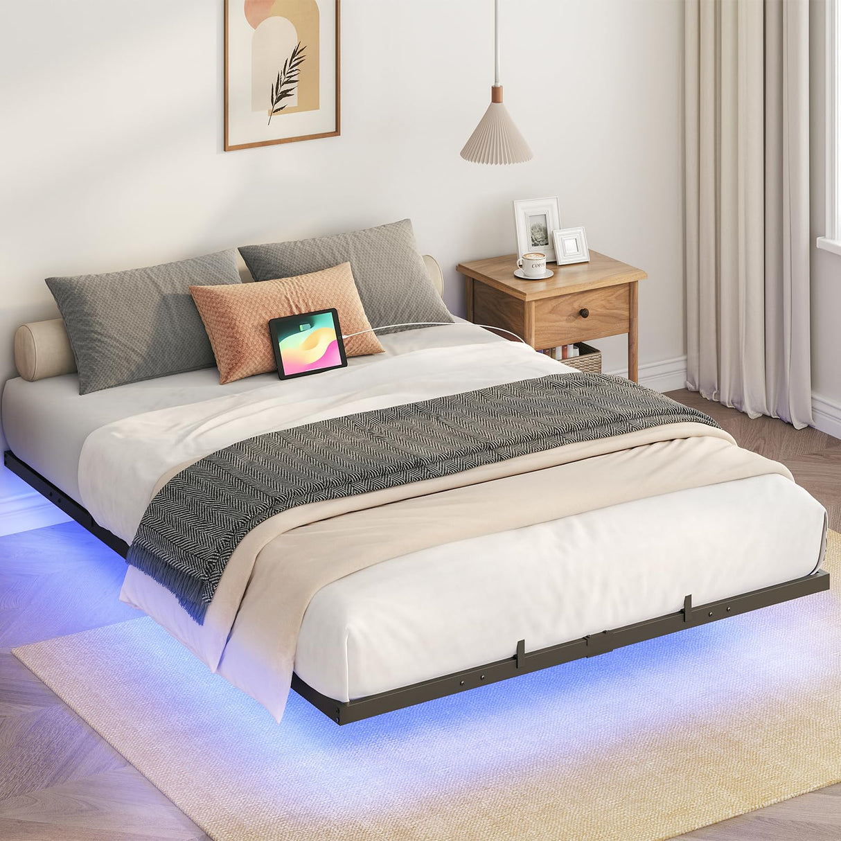 HOOBRO Floating Bed Frame Full Size, Bed Frame with Charging Station and LED Lights, Industrial Style Metal Platform Full Bed, Soundless, No Box Springs Needed, Black HOOBRO