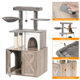 Snughome Cat Litter Box Enclosure with Cat Tree Tower and Condo, Hidden Cat Washroom Furniture with Sisal Scratching Post and Soft Plush Perch, Wooden Cat Furniture with Multiple Platforms, Grey Snughome