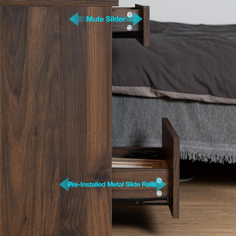 HOMMPA Open Shelf LED Nightstand with Charging Station Dark Walnut 2 Drawers Bedside Table with Led Light Night Stand with Storage Smart Nightstand Wood Night Table Mid Century for Bedroom Furniture HOMMPA