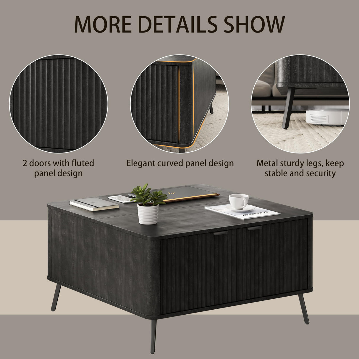 Fatmok Coffee Table, Lift Top Coffee Table for Living Room, 35.4" Square Coffee Table with Storage, Modern Fluted Center Table with Hidden Storage Compartment, Large Rustic Coffee Table, Black Fatmok