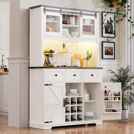 Merax 71" Pantry Bar Cabinet with Storage Rack, Kitchen Buffet Sideboard with Hutch, Sliding Door, Pegboard, Wine & Glasses Rack, 3 Drawers, Rustic Coffee Cabinet, White Merax