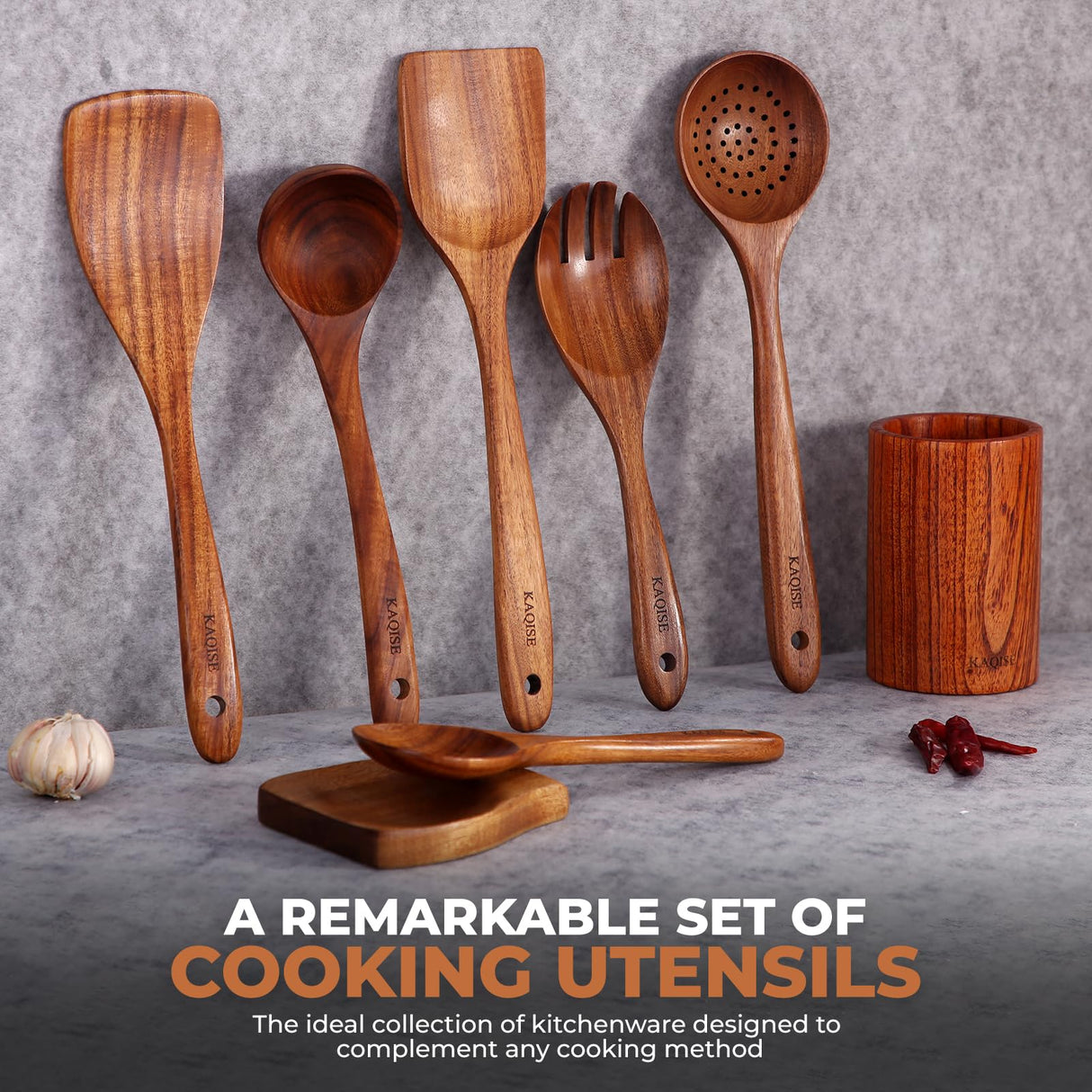 KAQISE Wooden Spoons for Cooking, Kitchen Essential Wooden Utensils Set, Teak Wood Cooking Utensils Set for Families（8 Pieces ） KAQISE