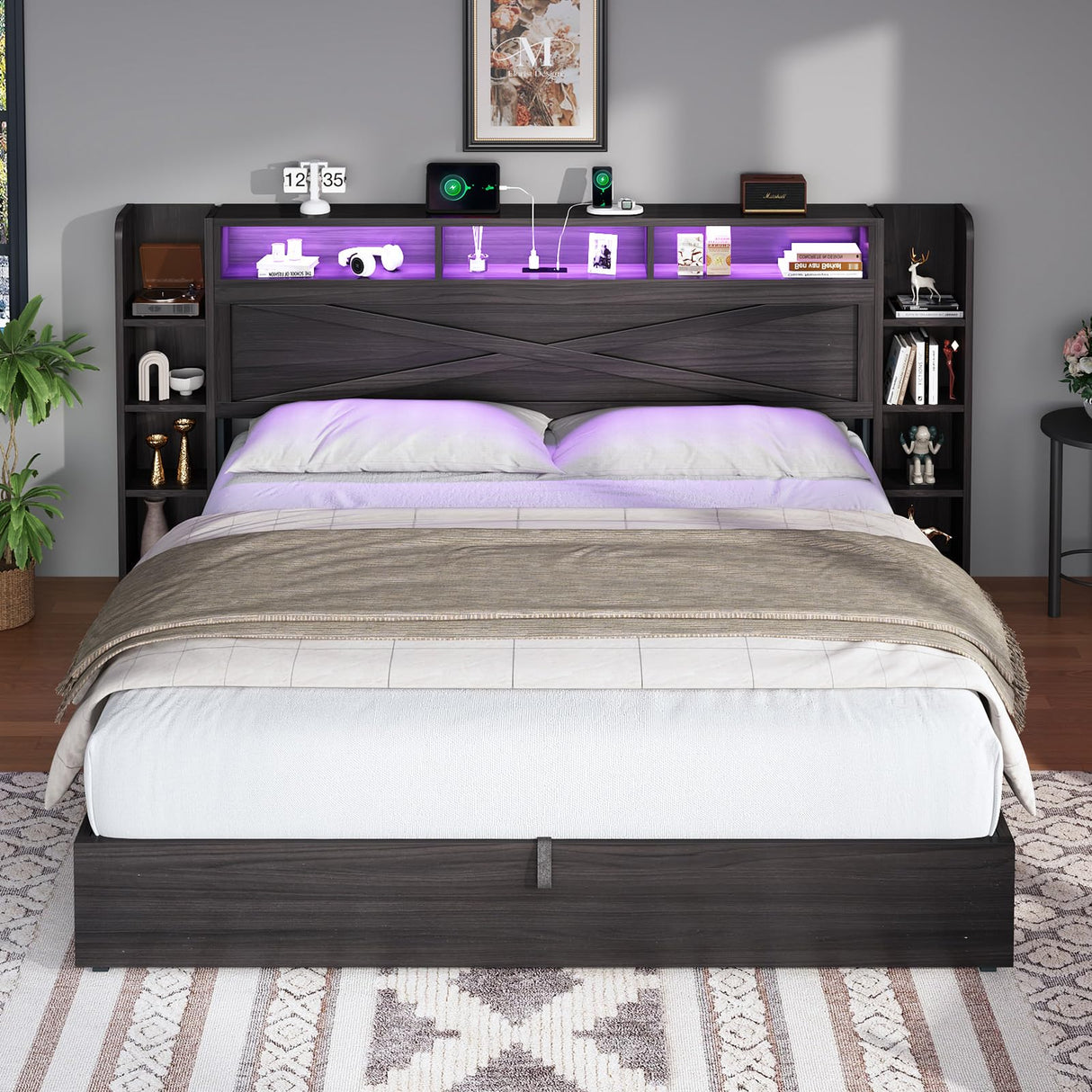 LUXOAK Queen Size Lift Up Bed Frame with Bookcase Headboard & 2 Side Shelf, Farmhouse Storage Bed with LED Light and Charging Station, No Box Spring Needed, Noise-Free, Black Oak LUXOAK