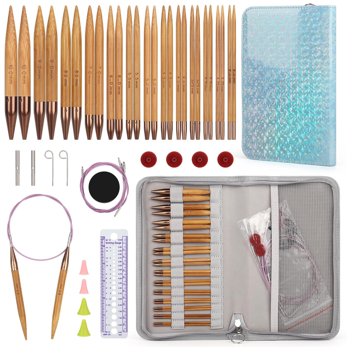 Aeelike Interchangeable Knitting Needles Set, 13 Pairs Circular Knitting Needles Set Bamboo Knitting Needles with Case Knitting Accessories for Socks Blankets Cushions Aeelike