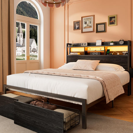 Furnulem Queen Bed Frame with Wood Headboard, Storage Drawers, LED Lights and Charging Station - Black Furnulem