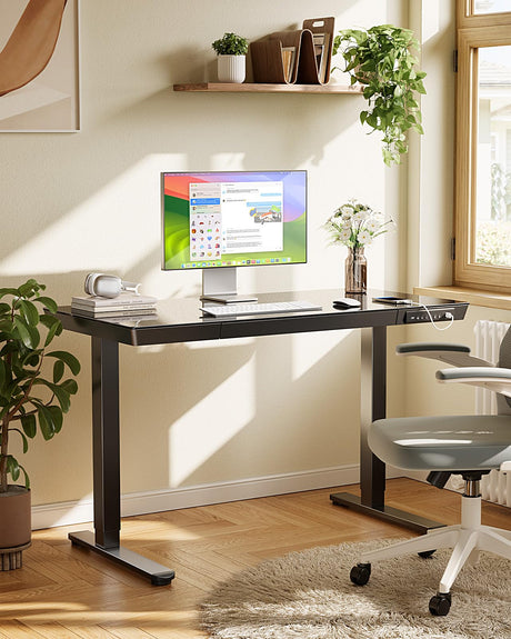 Marsail Glass Standing Desk with Drawer, 48 x 24 inch Electric Standing Desk, Height Adjustable Desk with One-Piece Tabletop & USB Charging Ports, Sit Stand Desk with Storage for Home & Office Black Marsail