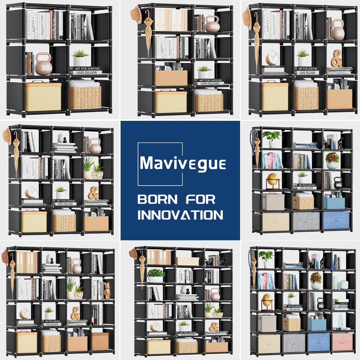 Mavivegue 18-Cube Extra Large Storage Organizer - Versatile Black Bookshelf for Home and Office - WoodArtSupply