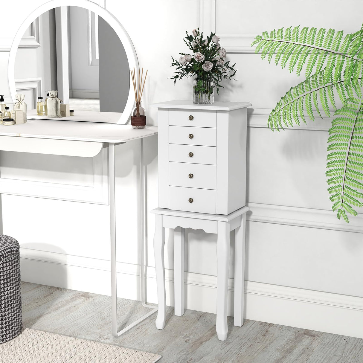 Giantex Jewelry Cabinet Armoire Chest with 4 Drawers, Flip Top Mirror, Top Storage Compartments, 2 Side Doors with 8 Necklace Hooks, 2 Shelves, White Standing Jewelry Organizer Box for Girls Gift Giantex