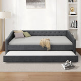 FAVSH Full Size Upholstered Daybed with Trundle,Tufted Sofa Bed w/Button on Back and Piping on Waved Shape Arms for Bedroom Guest Room, No Box Spring Needed,Dark Grey FAVSH