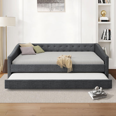 FAVSH Full Size Upholstered Daybed with Trundle,Tufted Sofa Bed w/Button on Back and Piping on Waved Shape Arms for Bedroom Guest Room, No Box Spring Needed,Dark Grey FAVSH